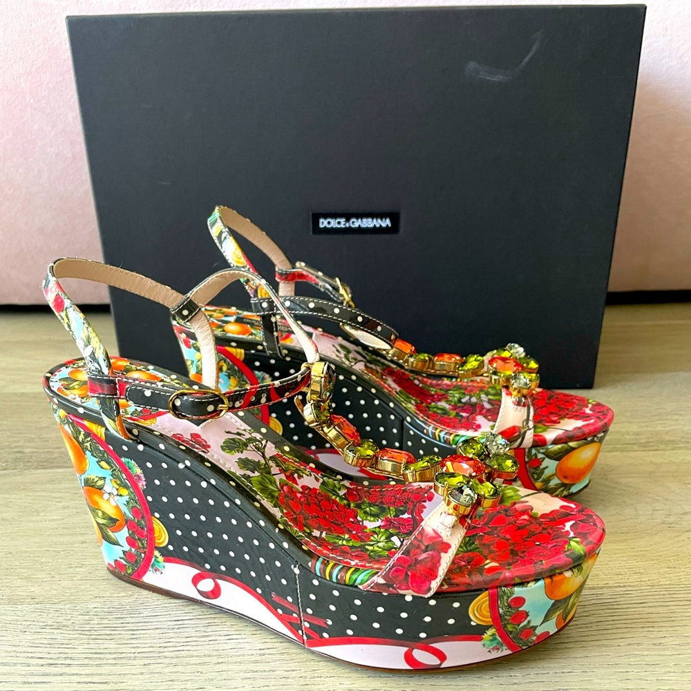 Dolce and Gabbana Sicily Italian Art Print Platform Wedge Sandals - Picture 1 of 7